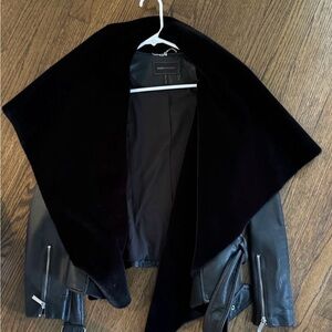 BCBGMaxAzria Black Leather Jacket with Oversized Velvet Collar